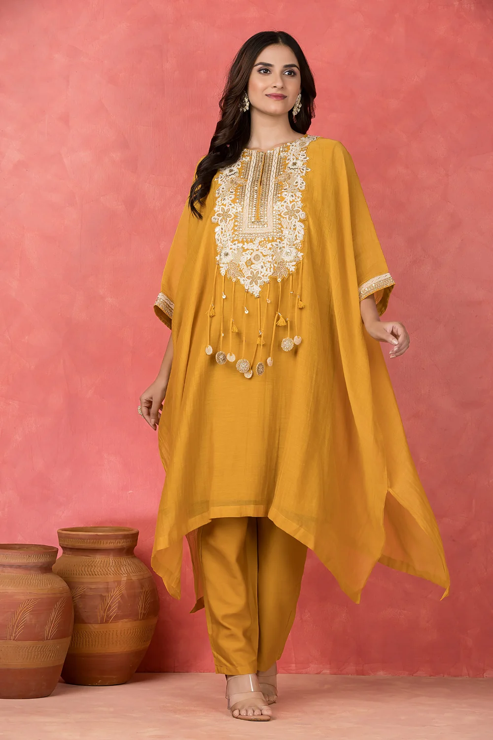 Chanderi Yellow Kaftan Set