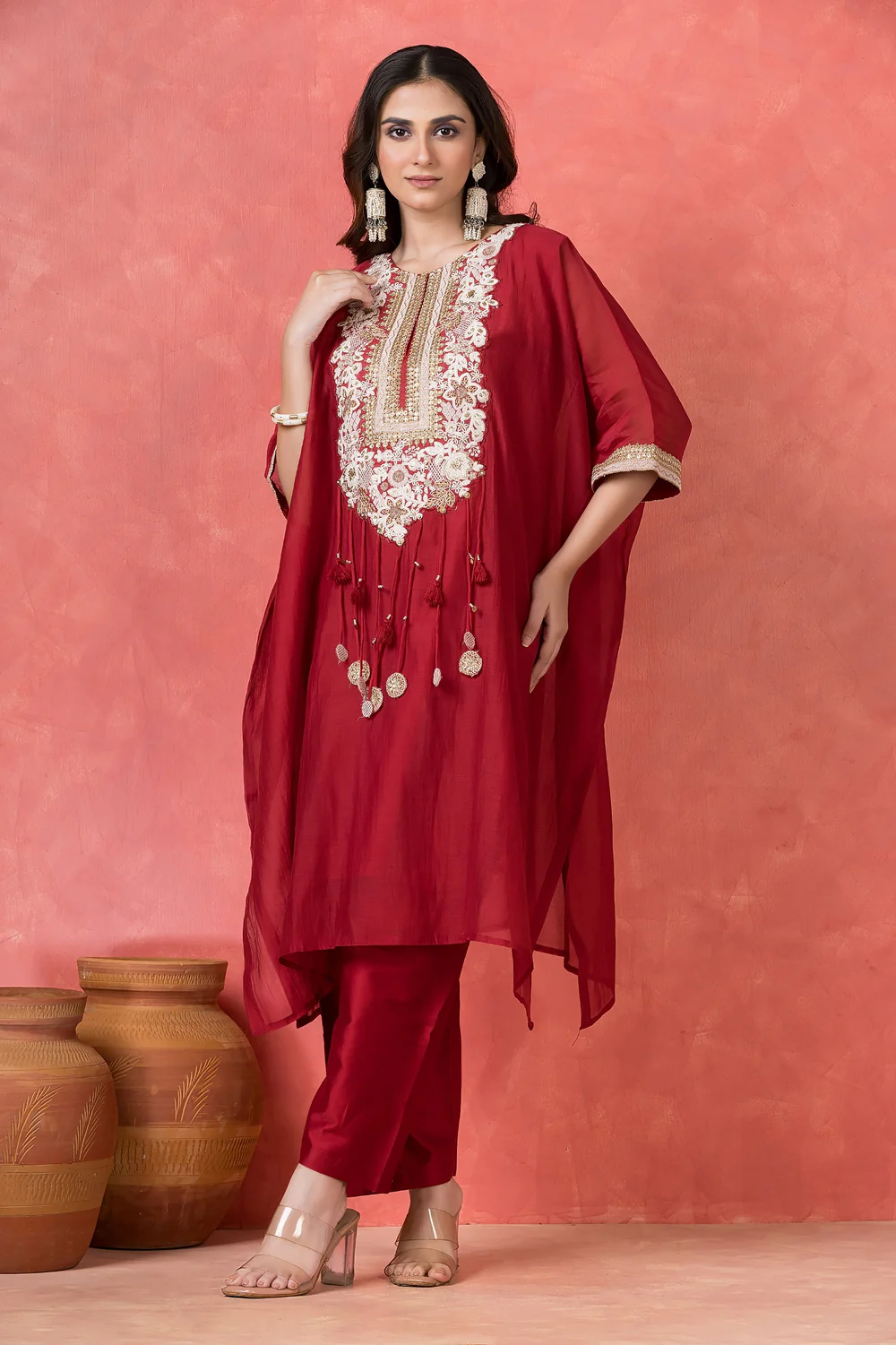 Chanderi Maroon Kaftan Set