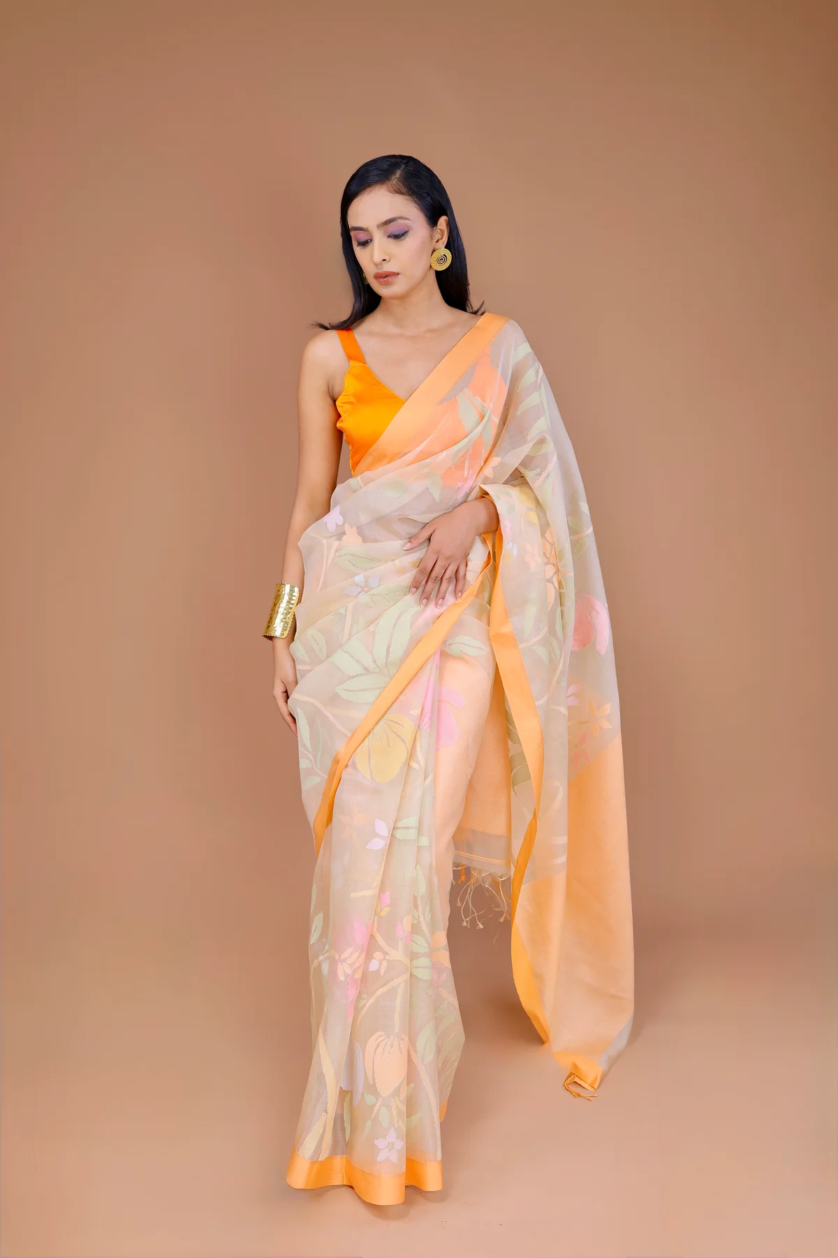 Orange Handwoven Organza Saree